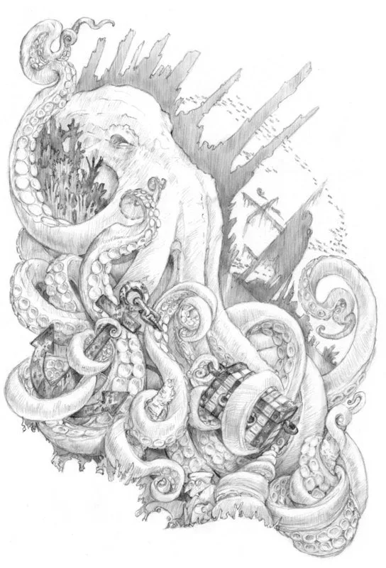 Kraken pencil interior with pirate chest