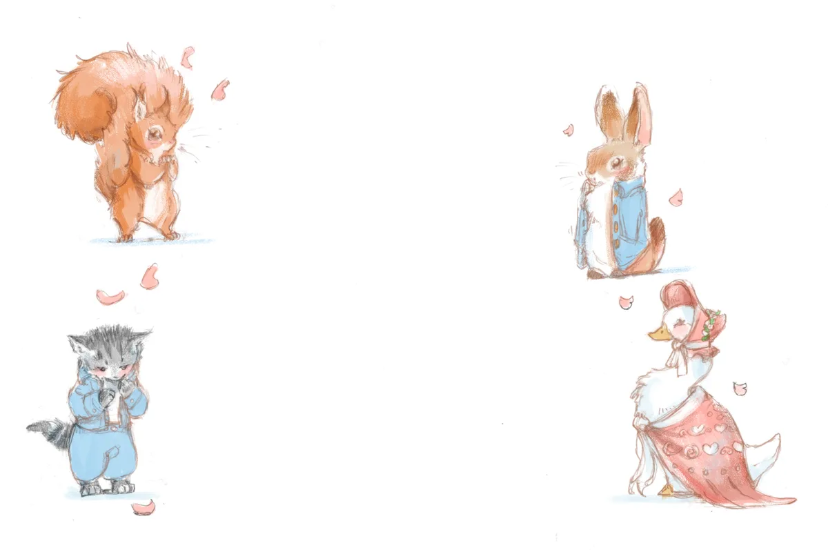 Nutkin, Peter Rabbit, and friends (goose and a kitten too)