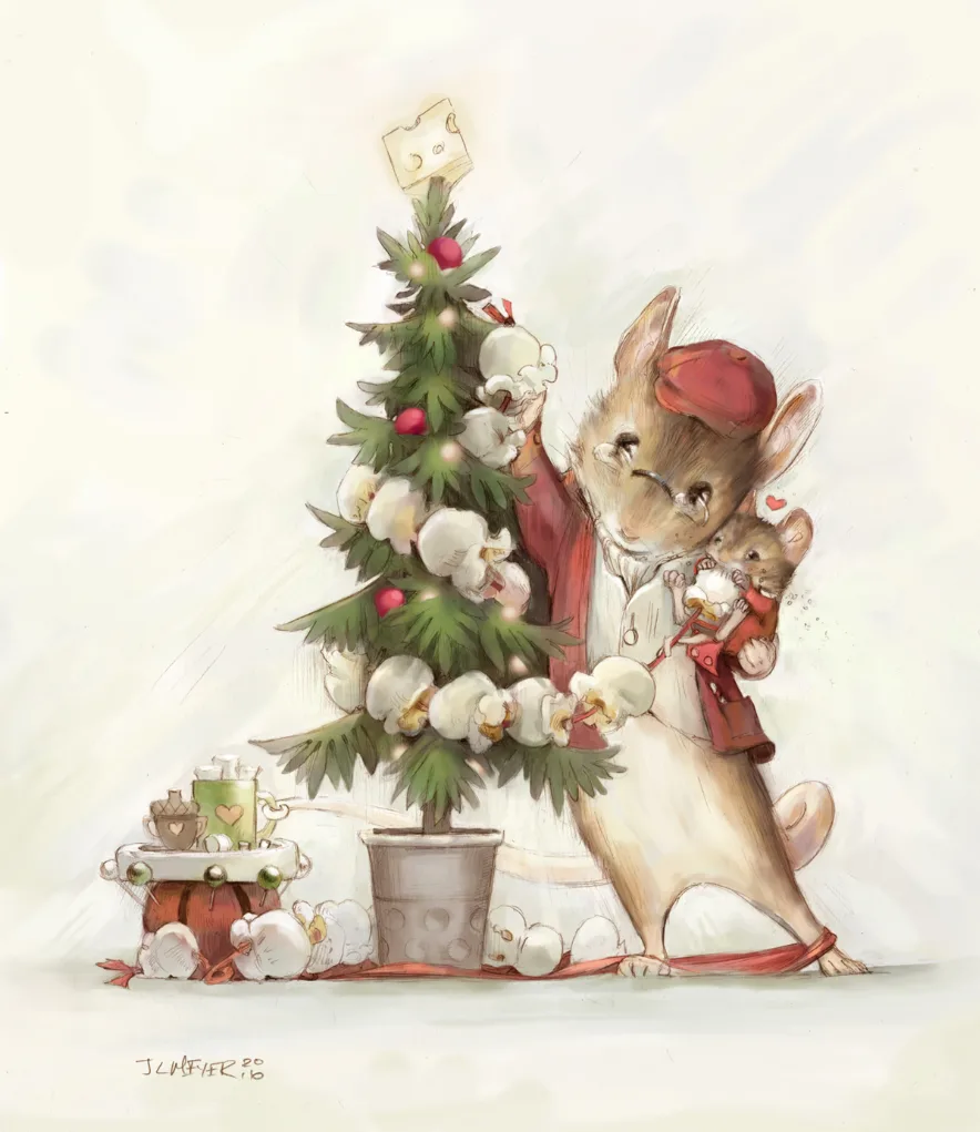 Mouse family decorates their christmas tree